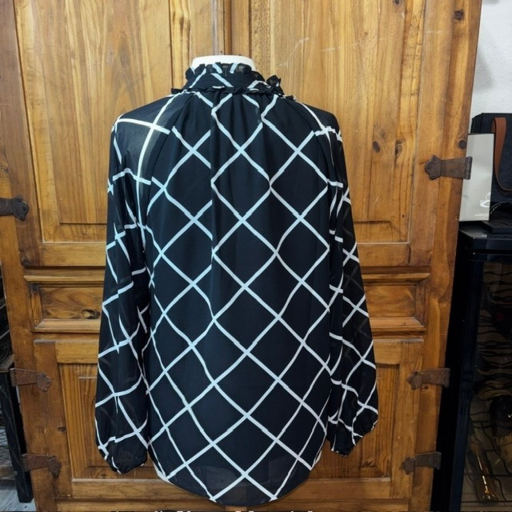 Calvin Klein Womens Black White Windowpane Ruffle Neck Tie Blouse M M1NAZ563 - Picture 6 of 8